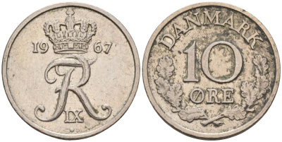 Дания 10 эре 1967 C; S, Фредерик IX (1947-1972) KM 849.1 медно-никель 4580-313
