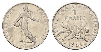 Франция 1 франк 1961 KM 925 никель 4628-834