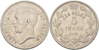БЕЛЬГИЯ 5 ФРАНКОВ 1931 BELGEN KM 98 никель 4111-221