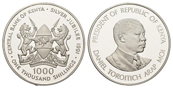 Кения 1000 шиллингов 1991 25 лет центральному банку, Даниель арап Мои, тираж 500 экземпляров КМ 26 серебро PROOF 11-140-15