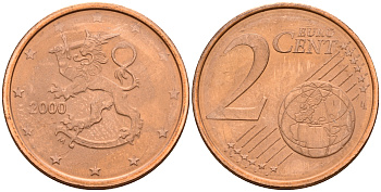 Финляндия 2 евроцента 2000  KM 99 сталь плакированная медью  UNC  4564-364