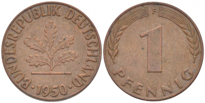 ФРГ 1 ПФЕННИГ 1950 F KM 105, J.380 сталь плакированная медью 112-927