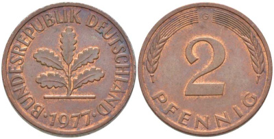 ФРГ 2 пфеннига 1977 G KM 106a, J.381a сталь плакированная медью 116-334