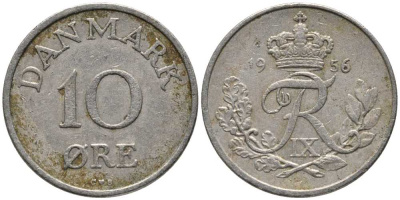 ДАНИЯ 10 ЭРЕ 1956 C; S, ФРЕДЕРИК IX (1947-1972) KM 841.2 медно-никель 116-216