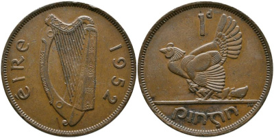ИРЛАНДИЯ 1 ПЕННИ 1952 КУРИЦА С ЦЫПЛЯТАМИ KM 11 бронза 4531-712
