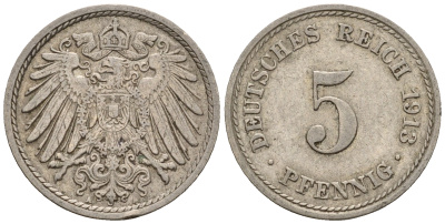 Германия 5 пфеннигов 1913 A, KM 11, J. 12 медно-никель 220-713
