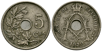 Бельгия 5 сантимов 1920 ROYAUME DE BELGIQUE KM 66 медно-никель 4164-1031