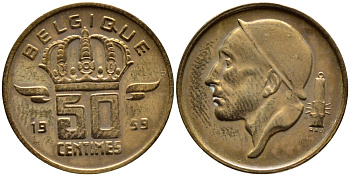 БЕЛЬГИЯ 50 САНТИМОВ 1959 BELGIQUE KM 148.1 бронза 4392-829