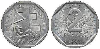 Франция 2 франка 1993 Жан Мулен, 50 лет Национальному движению сопротивления KM 1062, Le Franc 273.2 никель 4123-441