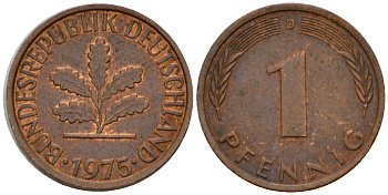ФРГ 1 пфенниг 1975 D KM 105, J.380 сталь плакированная медью 4602-756