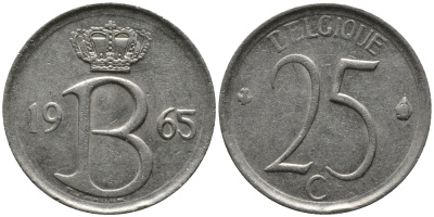 Бельгия 25 сантимов 1965 Belgique, Бодуэн I (1951-1993) KM 153.1 медно-никель 99-415