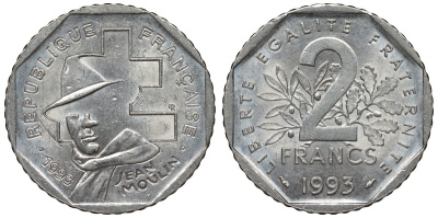 Франция 2 франка 1993 Жан Мулен, 50 лет Национальному движению сопротивления KM 1062, Le Franc 273.2 никель 4123-441