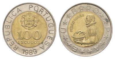 Португалия 100 эскудо 1989 Педру Нуниш (1502-1578), математик KM 645 биметалл aUNC 4633-734