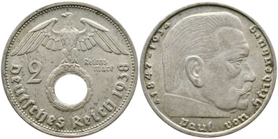 Германия 2 рейхсмарки 1938 В, Гинденбург, символика KM 93, J.366 серебро 87-257