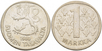 ФИНЛЯНДИЯ 1 МАРКА 1980 K KM 49а медно-никель 3718-855