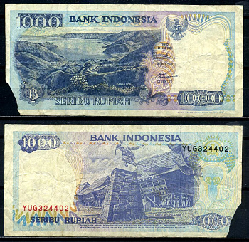 Индонезия 1000 рупий 1992/1997 озеро Тоба Pick 129f бумага 8602-20-1-2