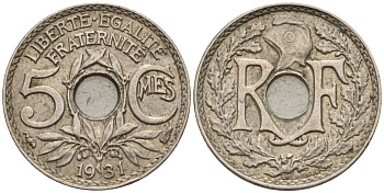 Франция 5 сантимов 1931 тип Линдайё KM 875, Le Franc 122.14 медно-никель 4596-617