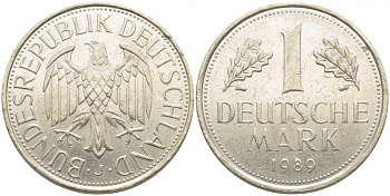 ФРГ 1 МАРКА 1989 F J.385, KM 110 медно-никель 3856-225