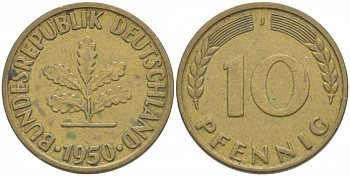 ФРГ 10 ПФЕННИГОВ 1950 J KM 108, J.383 сталь плакированная латунью 4539-917