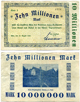 Эссен 10000000 марок (10 миллионов) 1923 15 августа 1923, нотгельд, земля Северный Рейн-Вестфалия, серия А, LANDKREIS, НОМЕР 3,5 мм. Keller 1440а бумага 2193-27-2-1