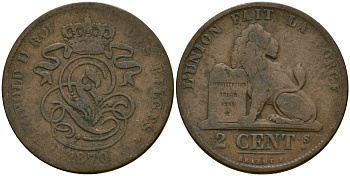 Бельгия 2 сантима 1870 Belges KM 35 медь 4135-944