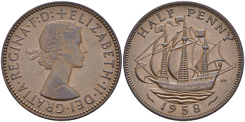 Великобритания 1/2 пенни 1958 Елизавета II (1952-2022) KM 896, Spink 4158 бронза 4592-413