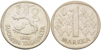 ФИНЛЯНДИЯ 1 МАРКА 1980 K KM 49а медно-никель 3718-855