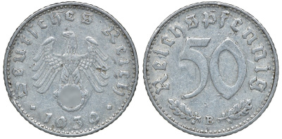 Германия 50 рейхспфеннигов 1939 B цена по каталогу МТ 28 евро J. 372, KM 96 алюминий 72-1251