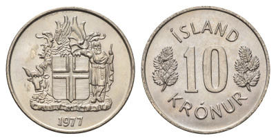 Исландия 10 крон 1977 KM 15 медно-никель UNC 4586-1152
