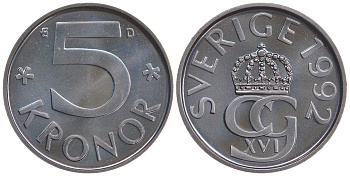 Швеция 5 крон 1992 D Карл XVI Густав (1973- ) KM 853 медно-никель PROOFLIKE 41-444