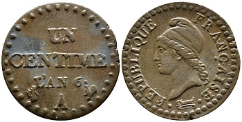 Франция 1 сантим L AN 6 А, Исполнительная директория (1795-1799) KM 646 (C 134), Le Franc 100.2 бронза 4392-662