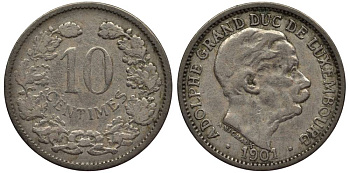 ЛЮКСЕМБУРГ 10 САНТИМОВ 1901 АДОЛЬФ (1890-1905) KM 25 медно-никель 4549-923