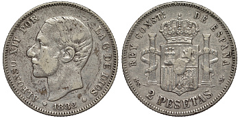 Испания 2 песеты 1882 MS-M, Альфонсо XII (1874-1885) KM 678 серебро 4566-647