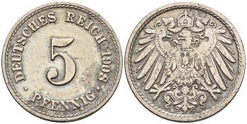 Германия 5 пфеннигов 1908 E KM 11, Jager 12, Weege 6 медно-никель 4151-511