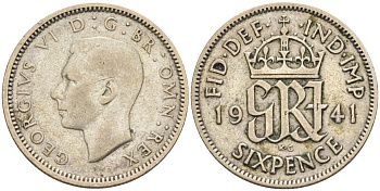 Великобритания 6 пенсов 1941 Георг VI (1936-1952) KM 852, Spink 4084 серебро 188-669