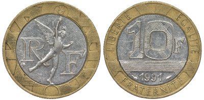 Франция 10 франков 1991 тип гений Бастилии KM 964.1, Le Frank 375.6 биметалл 45-844