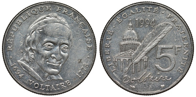 Франция 5 франков 1994 300 лет со дня рождения Вольтера KM 1063, Le Franc 344.2 медно-никель плакированный никелем 4123-246