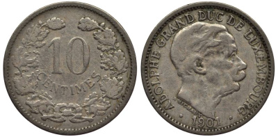ЛЮКСЕМБУРГ 10 САНТИМОВ 1901 АДОЛЬФ (1890-1905) KM 25 медно-никель 4549-923