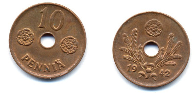 ФИНЛЯНДИЯ 10 ПЕННИ 1942 KM 33.1 медь 51-5017