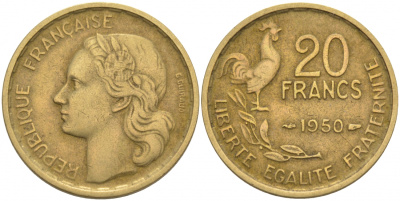ФРАНЦИЯ 20 ФРАНКОВ 1950 4 ПЕРА KM 917.1, LE FRANC 402.3 алюминиевая бронза 186-357