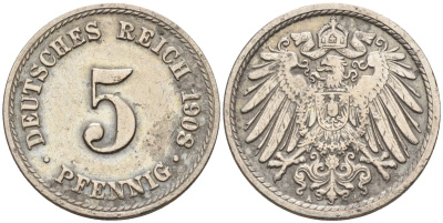 Германия 5 пфеннигов 1908 E KM 11, Jager 12, Weege 6 медно-никель 4151-511