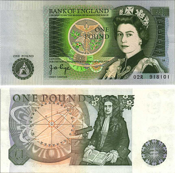 Англия 1 фунт ND (1978-1984) сэр Исаак Ньютон, зеленая подпись J.B. Page Pick 377 а  бумага 00-00