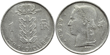 БЕЛЬГИЯ 1 ФРАНК 1959 BELGIQUE KM 142.1 медно-никель 4388-445