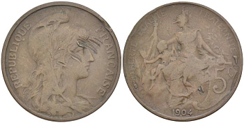 ФРАНЦИЯ 5 САНТИМОВ 1904 ТИП ДАНИЭЛЬ ДЮПЮИ KM 842, LE FRANC 119.14 бронза 217-224