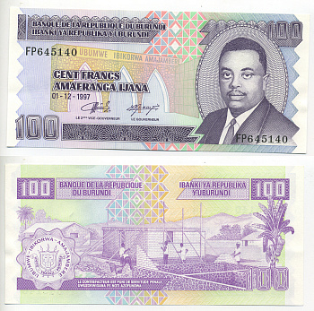 БУРУНДИ 100 ФРАНКОВ 1997 Pick 37a бумага UNC (ПРЕСС) 6278-24-2-1