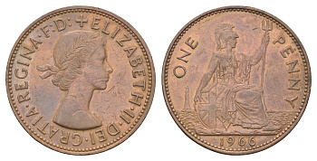Великобритания 1 пенни 1966 Елизавета II (1952-2022) KM 897, Spink 4157 бронза 4526-435