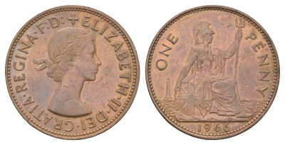 Великобритания 1 пенни 1966 Елизавета II (1952-2022) KM 897, Spink 4157 бронза 4526-435