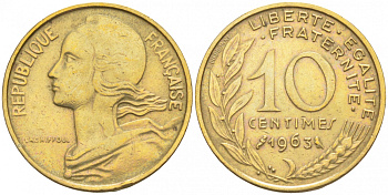 ФРАНЦИЯ 10 САНТИМОВ 1963 ТИП MARIANE KM 929, LE FRANC 144.3 алюминиевая бронза 44-965