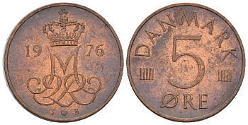 Дания 5 эре 1976 S; B, Маргрете II (1972- ) KM 859.1 железо плакированное медью 4609-1116