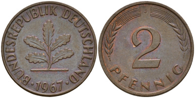 ФРГ 2 пфеннига 1967 J J.381  KM 106 бронза    4598-755